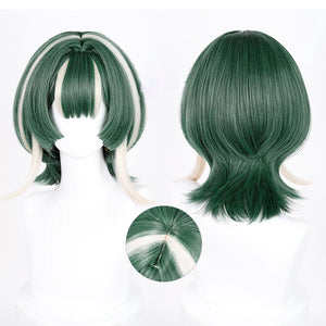 GACHIAKUTA Guita cosplay wig multi-angle view showing front, back, and top detail of green short bob