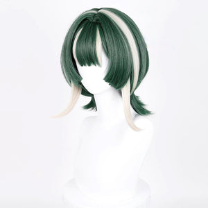 GACHIAKUTA Guita cosplay wig side view highlighting cream streaks against the dark green short hair