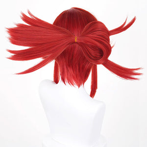 GACHIAKUTA Riyo cosplay wig back view showing red bun with orange clip and spiky hair