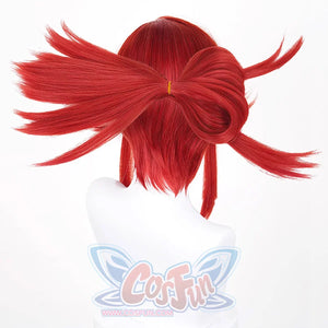 GACHIAKUTA Riyo cosplay wig back view showing red bun with orange clip and spiky hair