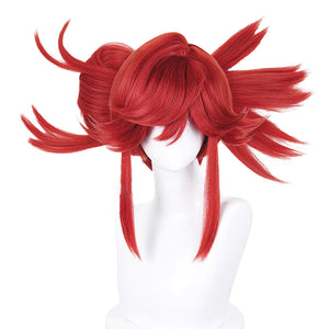 GACHIAKUTA Riyo cosplay wig front view, short red spiky hair with two long straight pigtails