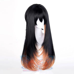 GACHIAKUTA Amo cosplay wig showing long straight black to copper brown ombre hair, side view