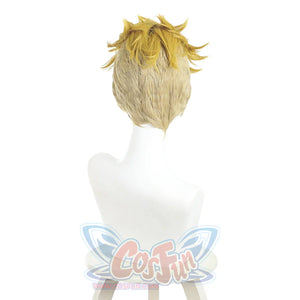 Enjin cosplay wig back view showing golden spiky layers and light-colored wig cap base