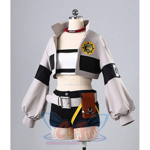 Gachiakuta Riyo cosplay costume three-quarter view showing jacket details and badge accessory