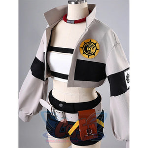 Riyo cosplay costume side detail with golden badge, white collar and brown belt pouch accessory