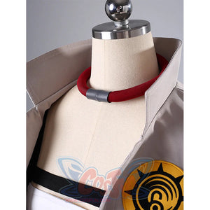 Riyo cosplay costume neck detail close-up with red collar accessory and white jacket texture