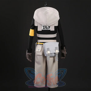 Rudo cosplay costume back detail with hood, printed text, yellow armband and waist bag