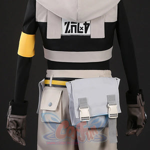Rudo cosplay costume full back view with black shirt, white hood, beige pants and waist pouches