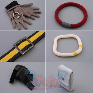 Rudo cosplay costume accessories including gloves, belts, hooks, and pouches