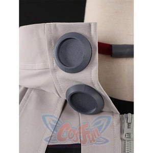 Rudo cosplay costume neck collar detail with black circular patches and red trim