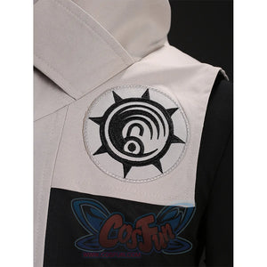 Rudo cosplay costume shoulder detail with embroidered gear patch on beige fabric