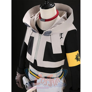 Rudo cosplay costume upper body side view with jacket, collar, yellow gear armband and belt