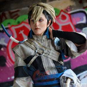 Gachiakuta Zanka Nijiku cosplay jacket pairs a distressed grey and black design with a blue sash and arm warmers.