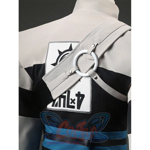 Close-up of Zanka cosplay shoulder strap with emblem patches and ring hardware details