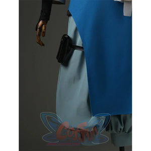 Zanka cosplay costume leg detail showing blue apron overlay and loose-fit gray pants