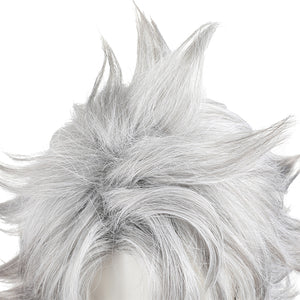 Rudo cosplay wig close-up detail showing silver hair fiber texture and quality construction