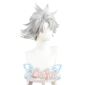 Rudo cosplay wig left side view featuring silver spiky hair with layered texture and volume