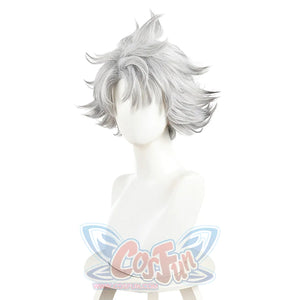 Rudo cosplay wig side view displaying silver layered spiky hair with dynamic wind-swept styling