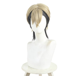 Zanka cosplay wig front view with blonde top, black braided pigtails, on white mannequin head
