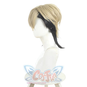 Zanka cosplay wig side view displaying blonde and black two-tone layered hairstyle styling