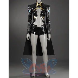 Game Rivals Emma Frost Cosplay Costume, the outfit is made entirely of black PU leather.