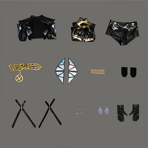 Game Rivals Emma Frost Cosplay Costume, includes overcoat, top, shorts, waist chain, pauldrons, fingernail, stockings, leg straps, rings, earrings, gloves.