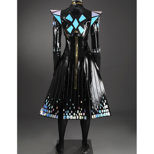 Game Rivals Emma Frost Cosplay Costume, the outfit is made entirely of black PU leather, back view.