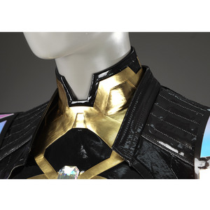 Game Rivals Emma Frost Cosplay Costume, gold PU leather stand-up collar, accented with laser-cut gem.