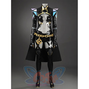 Game Rivals Emma Frost Cosplay Costume, the outfit is made entirely of black PU leather.