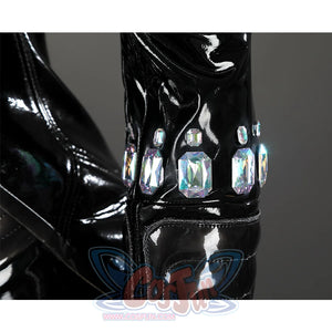 Game Rivals Emma Frost Cosplay Costume, back PU leather gloves with some colorful gems.