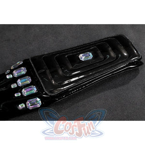 Game Rivals Emma Frost Cosplay Costume, back PU leather gloves with some colorful gems.