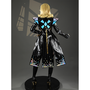 Game Rivals Emma Frost Cosplay Costume, the outfit is made entirely of black, accented with laser-cut material.