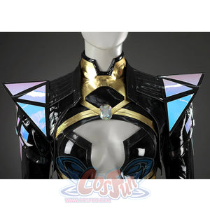 Game Rivals Emma Frost Cosplay Costume, black PU leather overcoat, accented with laser-cut shoulder armor.