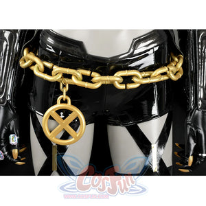 Game Rivals Emma Frost Cosplay Costume, the shorts is made of black PU leather and accented with gold chain.