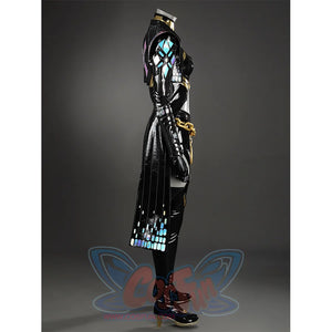 Game Rivals Emma Frost Cosplay Costume, the outfit is made entirely of black, accented with laser-cut material.