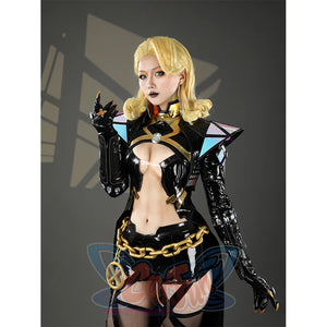 Game Rivals Emma Frost Cosplay Costume, the outfit is made of black PU leather and accented with laser-cut material.