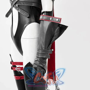 Invisible Woman Malice Cosplay costume details with black, silver accessories, and red design on a white background.