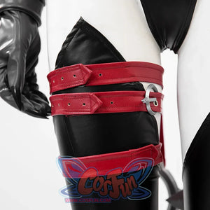 Invisible Woman Malice Cosplay costume details with black, silver accessories, and red design on a white background.