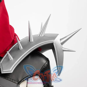 Invisible Woman Malice Cosplay costume details with black, silver accessories, and red design on a white background.