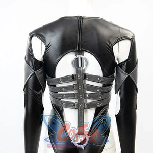 Invisible Woman Malice Cosplay costume details with black, silver accessories, and red design on a white background.
