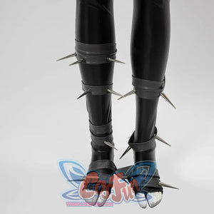 Invisible Woman Malice Cosplay costume details with black, silver accessories, and red design on a white background.