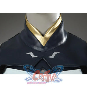 Game Rivals Ororo Munroe Cosplay costume's blue leather material and gold-edged collar are same as shoulder armor, with silver decorative lines on both sides.