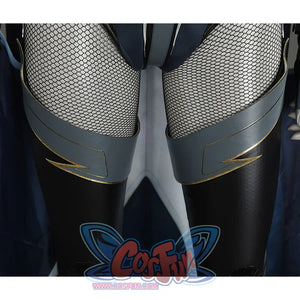 Game Rivals Ororo Munroe Cosplay socks are primarily black with a dark blue band around the top and a gold lightning bolt edge.