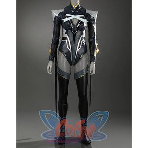 Game Rivals Ororo Munroe Cosplay costume's main colors is black and blue, supplemented by gold and silver details, the upper body has metallic shoulder armor and a white cross strap on the chest, paired with leather stockings.