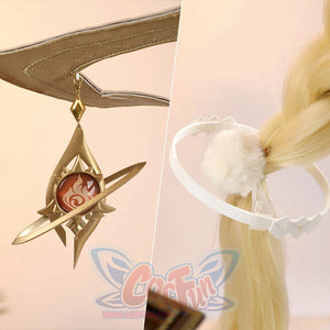 Alice Cosplay Costume detail shots showing golden pendant charm and white cat ears headpiece accessory