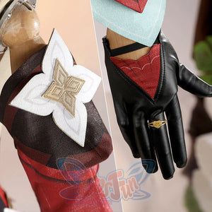 Alice Cosplay Costume sleeves and gloves detail showing red fabric with white cuffs and black leather gloves