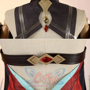 Alice Cosplay Costume back detail showing shoulder straps, collar pendant, and waist belt with gem ornament