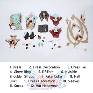 Alice Cosplay Costume complete set breakdown showing all included pieces and accessories with labels
