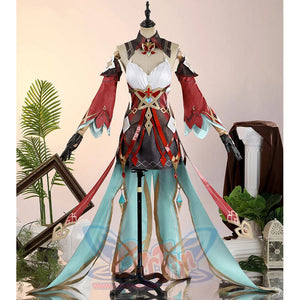 Alice Cosplay Costume displayed on mannequin showing detailed dress construction with white top and flowing teal skirt