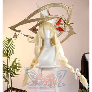 Alice Cosplay Costume blonde wig with ornate witch hat featuring decorative gold framework and charms
